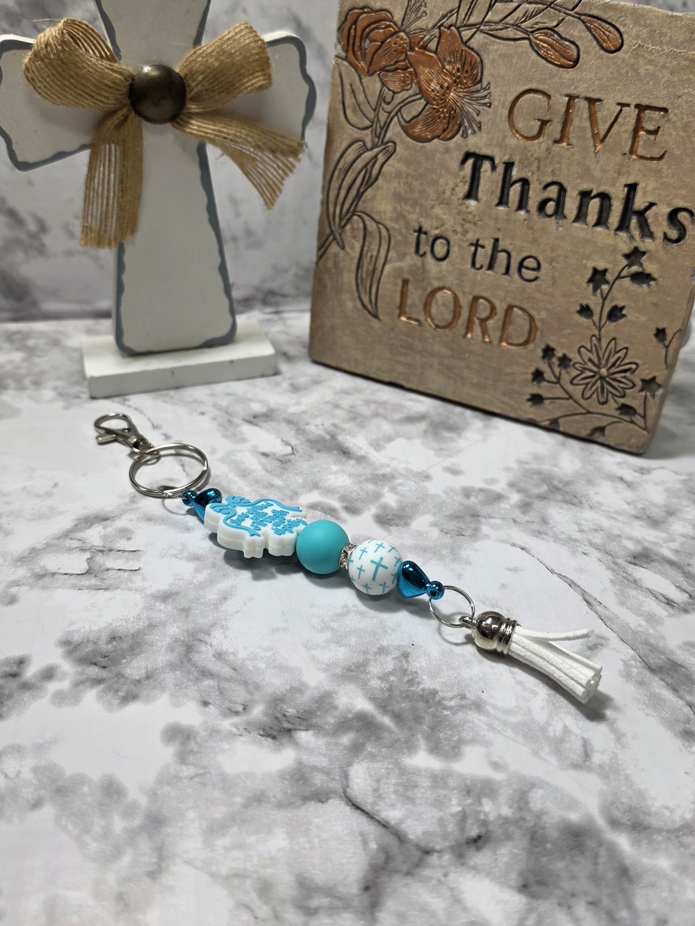 Handmade Turquoise Cross Bead Keychain with White Tassel